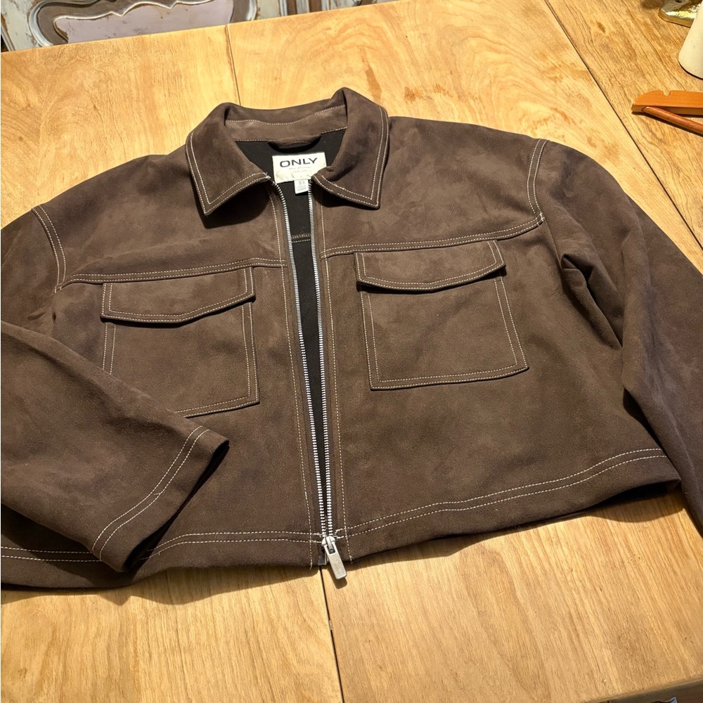 ONLY Women’s Dark Brown Faux Suede Chore Jacket with Front Pockets